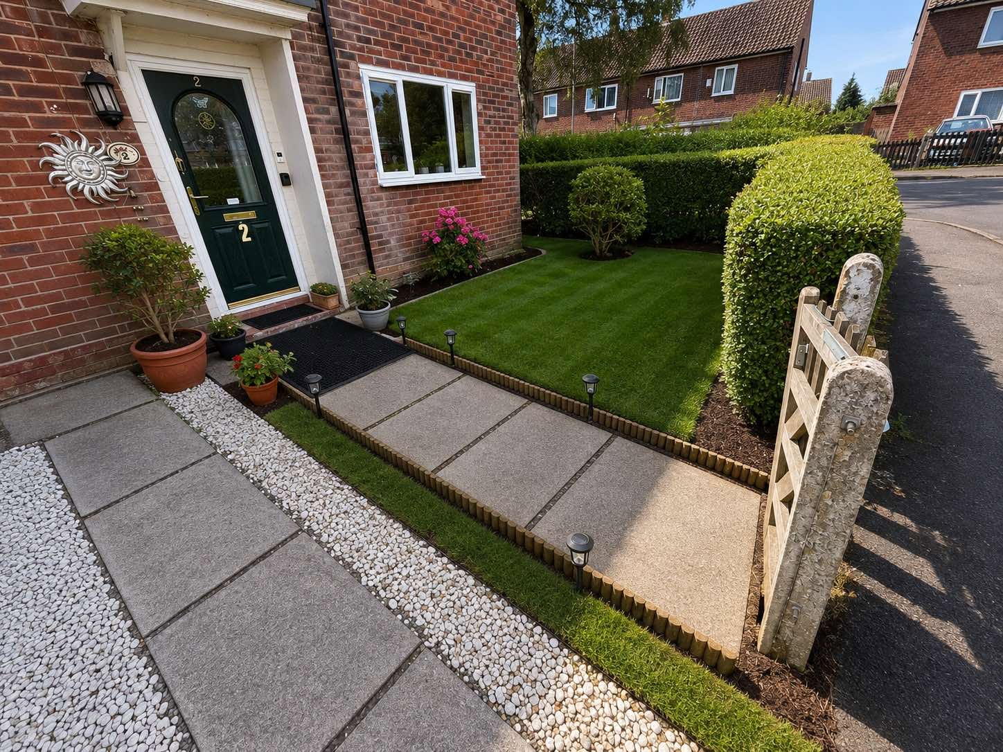 After clearance — Front garden transformed with fresh lawn and borders, Manchester