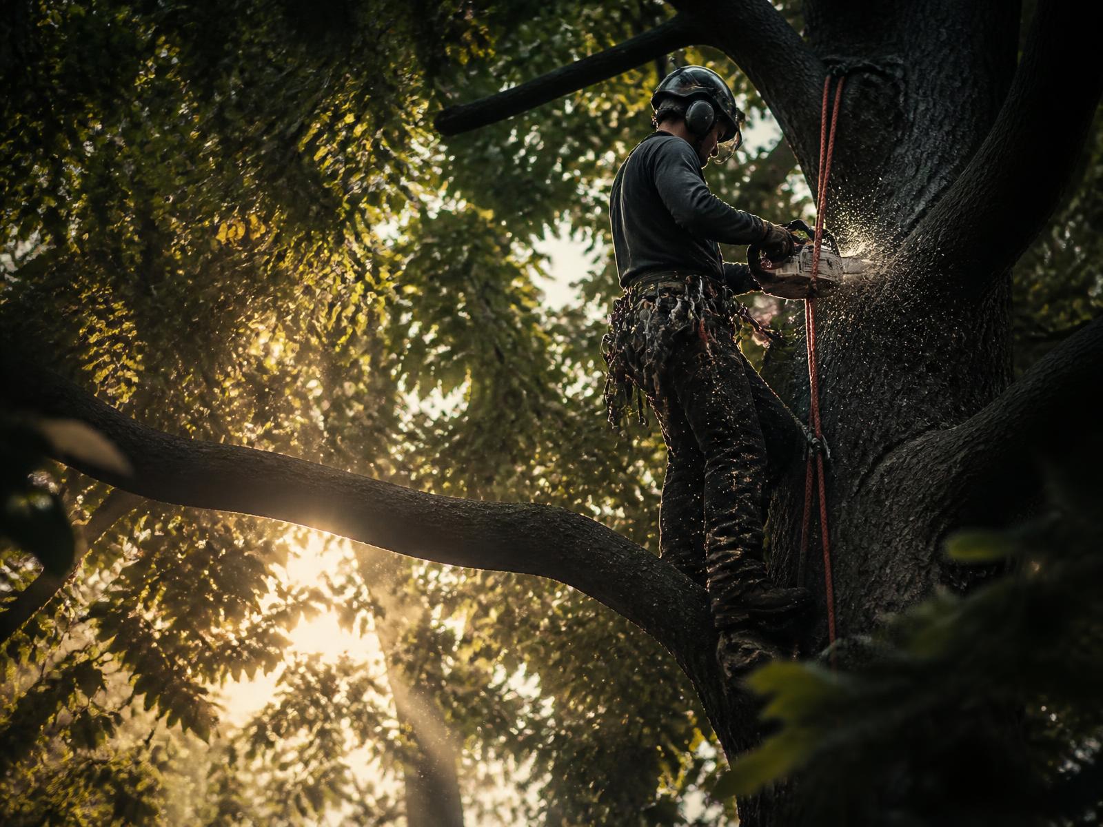 Tree surgeon working high in a tree with a chainsaw in Manchester